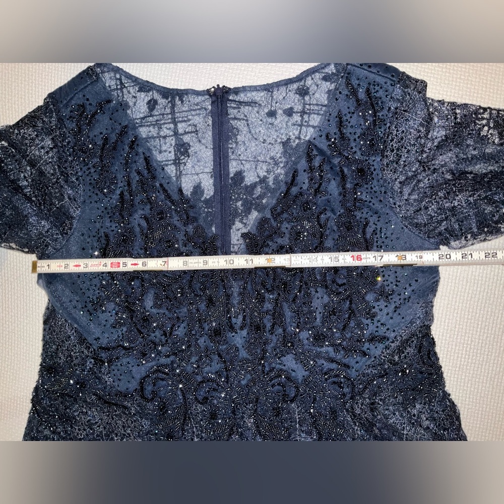 Mac Duggal Navy Blue Beaded Lace Maxi Gown - Picture 7 of 15
